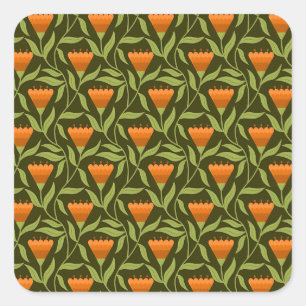 Vintage Blumenmuster mit orangen Tulpen Quadratischer Aufkleber