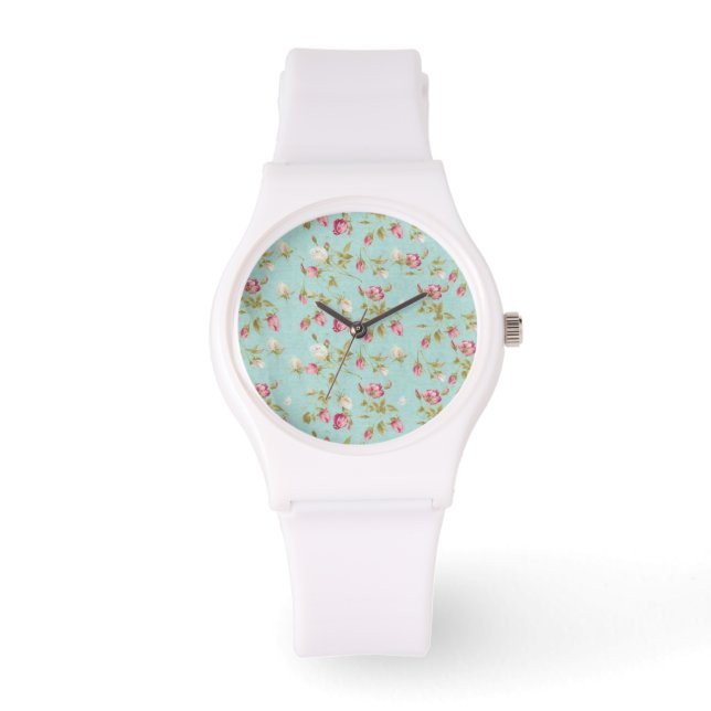 Vintage Blumenmuster Rose Blau-Shabby-Rose Chic Armbanduhr (Vorderseite)