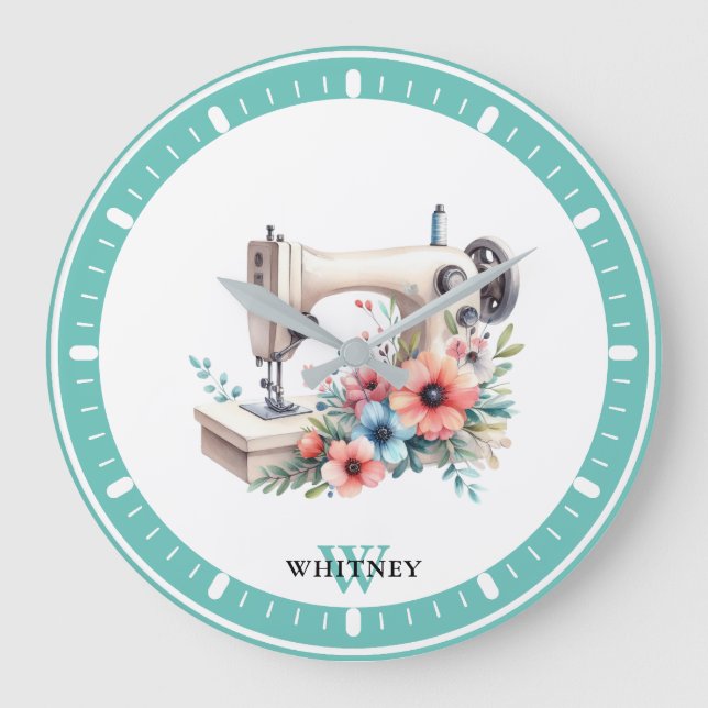 Vintage Blumennähmaschine Mit Monogramm Name Große Wanduhr (Vorderseite)