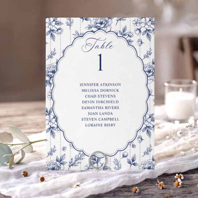 Vintage Blumennavyblauer Hochzeitssitzplan (Navy blue French floral wedding seating chart card with oval scalloped frame.)