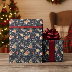 Vintage Blumenpoinsettia Weihnachtsmuster Blau Geschenkpapier