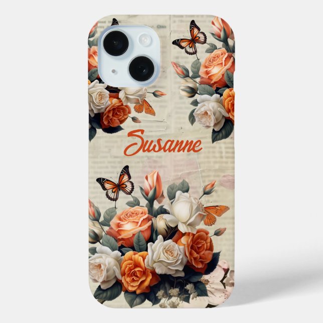Vintage Blumenschmetterlinge Personalisiert Case-Mate iPhone Hülle (Rückseite)