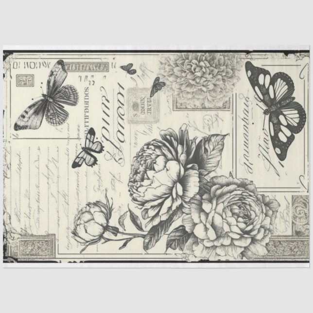 Vintage Blumenschmetterlinge Schwarz-weiß für Küns Seidenpapier (Vorderseite)