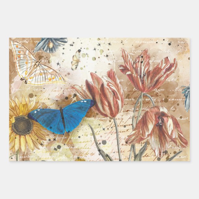 Vintage Blumenschmetterlingssäule Geschenkpapier Set (Vorderseite)