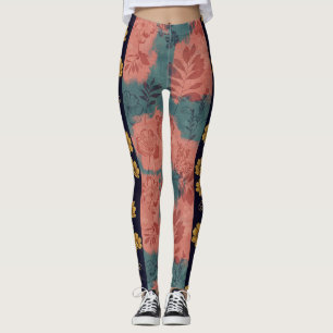Vintage-Blumenstreifen mit goldenem botanischem Ak Leggings