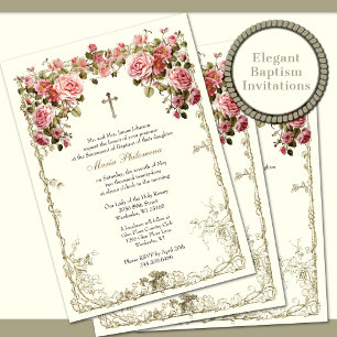 Vintage Blumentaufe Christening Gold Cross Einladung