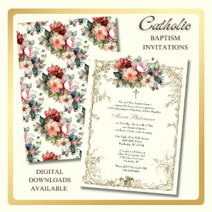 Vintage Blumentaufe Christening Gold Cross Einladung