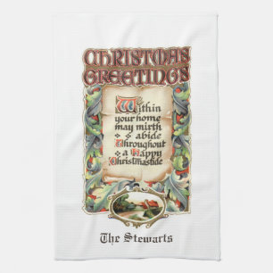 Vintage Blumentypografie Weihnachtsgrüße Gedicht Geschirrtuch