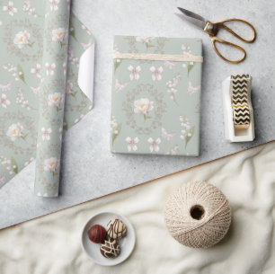 Vintage Blumig Verziert Elegantes Salbeigrün Geschenkpapier