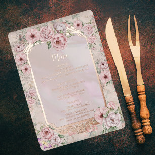 Vintage Blush Pfingstrosen-Hochzeitsmenükarte aus  Folieneinladung