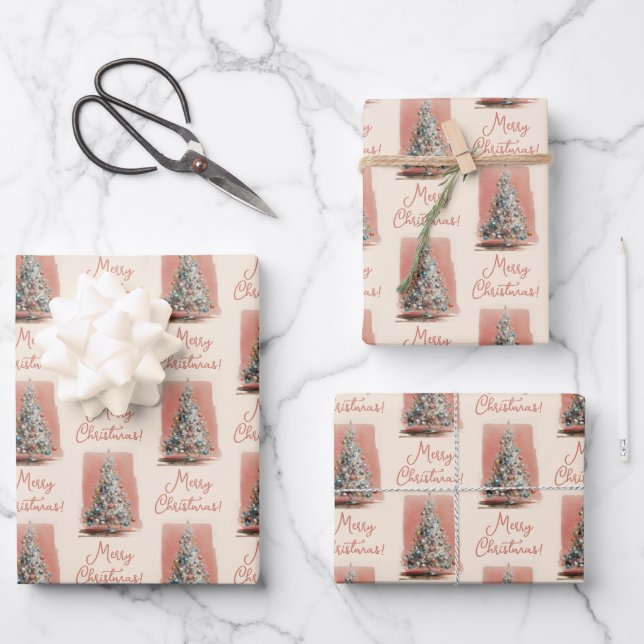 Vintage Blush Pink Christmas Tree Geschenkpapier Set (Vorderseite)