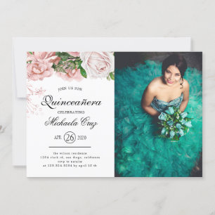 Vintage Blush-Rose auf weißer Quinceanera Einladung