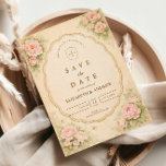 Vintage Blush Rose Garden Wedding Save The Date<br><div class="desc">A romantic vintage wedding design featuring delicate watercolor blush roses blooming in the corners around an elegant scalloped frame. Set against a warm parchment background, the soft botanical details and refined typography create a timeless garden aesthetic inspired by classic European wedding stationery. The gentle pastel palette and antique floral charm...</div>