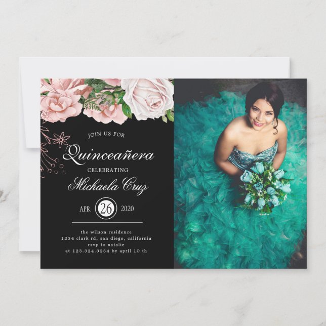 Vintage Blush-Rose in der Black Quinceanera Einladung (Vorderseite)