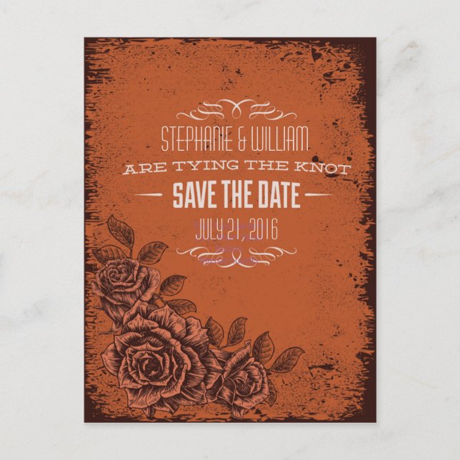 Vintage Blüte Save the Date in Rost Ankündigungspostkarte (Vorderseite)