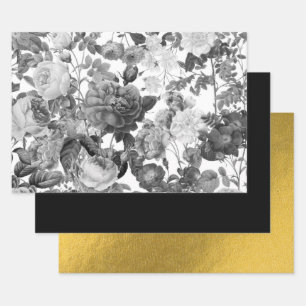Vintage Blüten aus Schwarz, Weiß und Gold Geschenkpapier Set