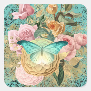 Vintage BlütenBouquet Quadratischer Aufkleber
