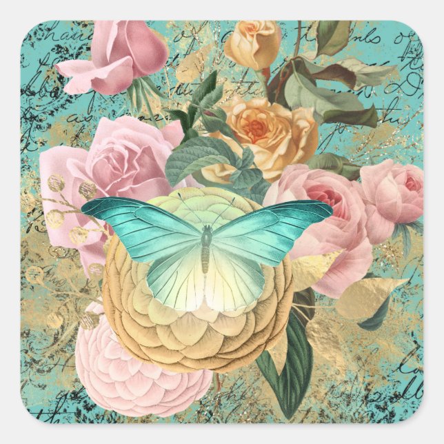 Vintage BlütenBouquet Quadratischer Aufkleber (Vorderseite)