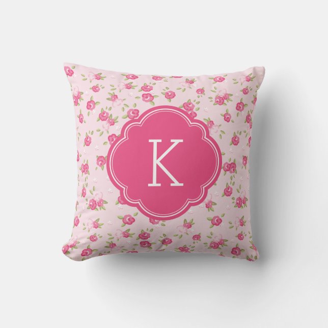 Vintage Blütendruckmonogramm, rosa Chic Kissen (Vorderseite)