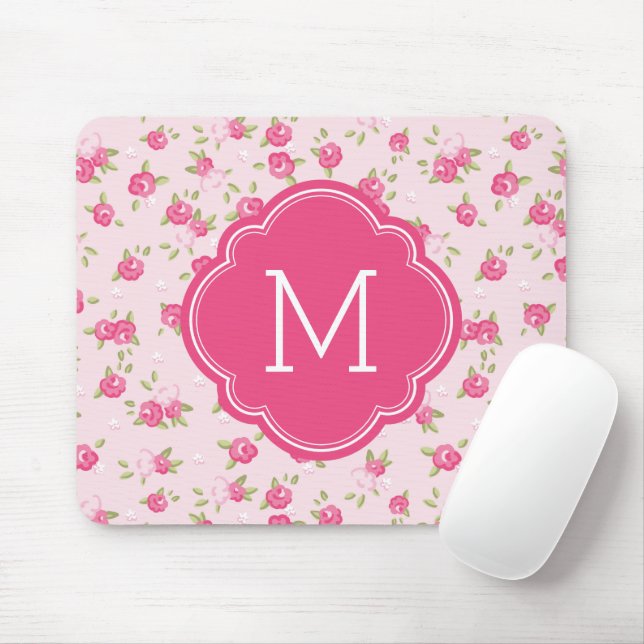 Vintage Blütendruckmonogramm, rosa Chic Mousepad (Mit Mouse)