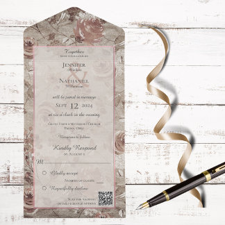 Vintage Blütenfarbe und Rose Gold mit QR-Code All In One Einladung