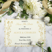 Vintage Blütengoldkarte und Save the Date Creme