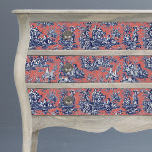 Vintage Blütenkoralle Rot-Blauer-Toile de jouy Seidenpapier
