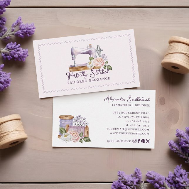 Vintage Blütensägemaschine Visitenkarte (Vintage Watercolor Floral Sewing Machine Tailor Business Card)