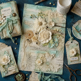 Vintage Blütensammlung in Creme & Minze Collage De Seidenpapier