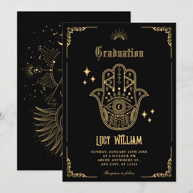 Vintage Bohemian art symbols graduation Einladung (Vorne/Hinten)