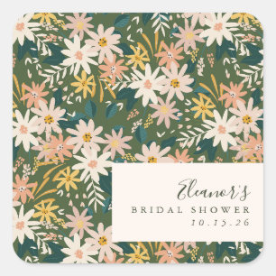 Vintage Boho Blumen Grüne Individuelle Brautdusche Quadratischer Aufkleber