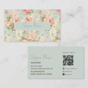 Vintage Boho Chic Florale Rosen Salbeigrün QR-Code Visitenkarte