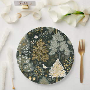 Vintage Boho Weiße Grüne Goldene Weihnachtsbäume Pappteller