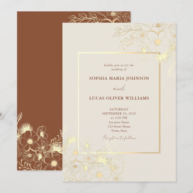 Vintage Boho Wildblumen Gold Wedding Einladung (Vorne/Hinten)