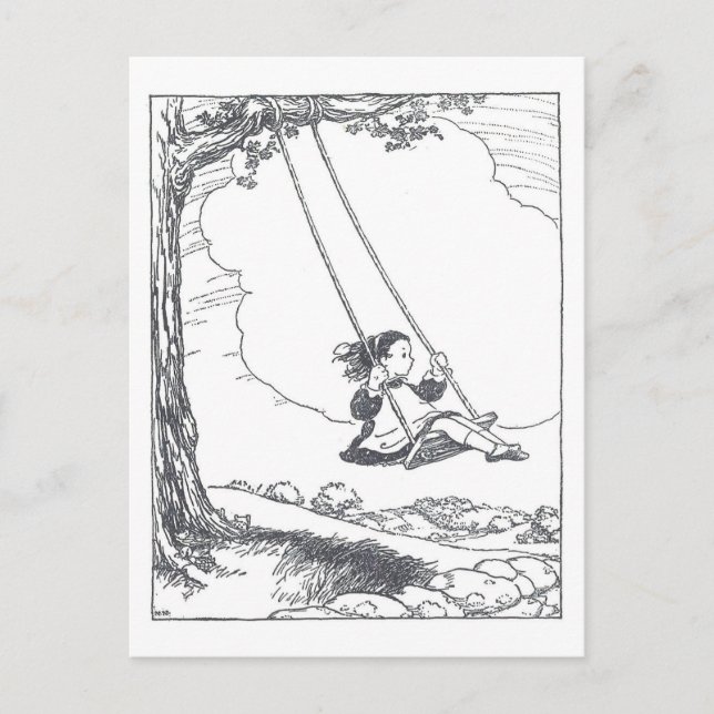 Vintage Book Illustration Girl Swinging Postkarte (Vorderseite)