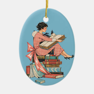 Vintage Book Lover Reading Illustration Keramik Ornament