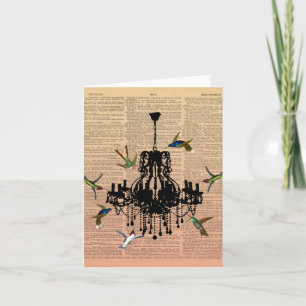 Vintage Book Page Hummingbird Chandelier Notecard Karte