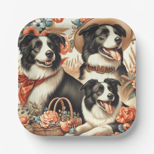 Vintage Border Collie Malerei Pappteller (Vorderseite)
