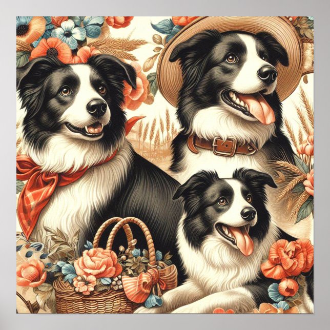 Vintage Border Collie Malerei Poster (Vorne)