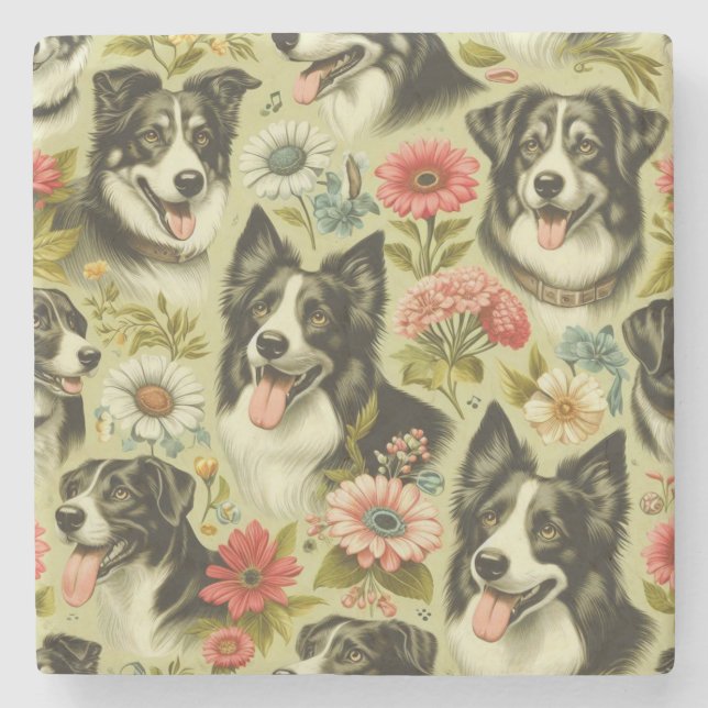 Vintage Border Collie Malerei Steinuntersetzer (Vorderseite)
