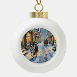 Vintage Border Collie Schnee Dorf Weihnachten Keramik Kugel-Ornament