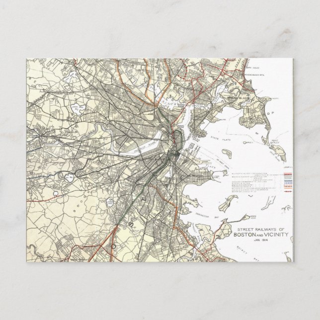 Vintage Boston Transit Line Map (1914) Postkarte (Vorderseite)