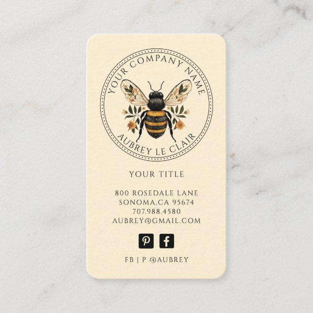 Vintage Botanical Bee Logo Template Visitenkarte (Vorderseite)