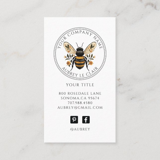 Vintage Botanical Bee Logo Template Visitenkarte (Vorderseite)