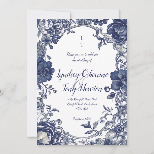 Vintage Botanical Wedding Invitation in Blue Einladung (Vorderseite)