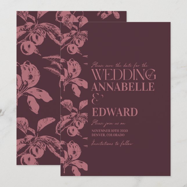 Vintage Botanical Wedding Plum Burgundy Einladung (Vorne/Hinten)