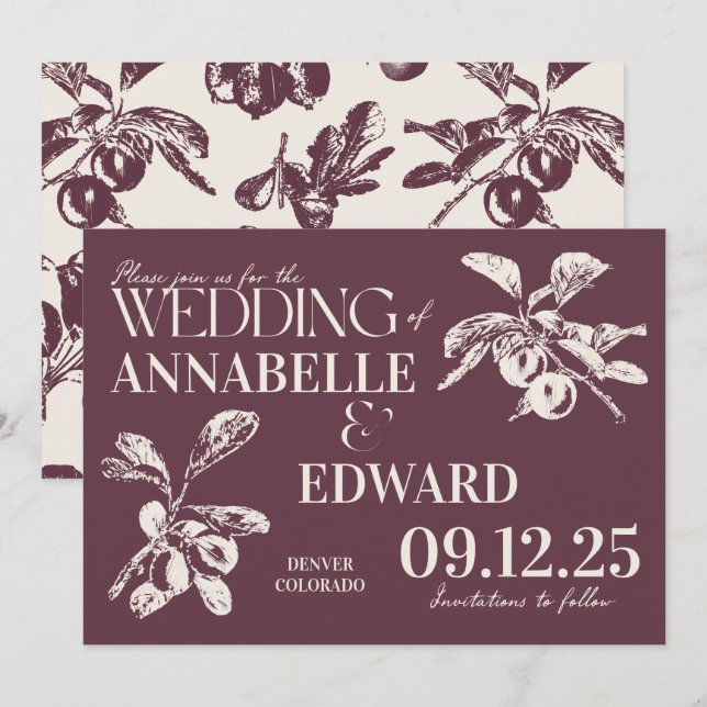 Vintage Botanical Wedding Plum Burgundy Einladung (Vorne/Hinten)