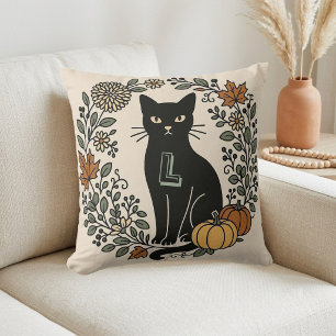 Vintage Botanicals Schwarze Katze Monogramm Herbst Kissen