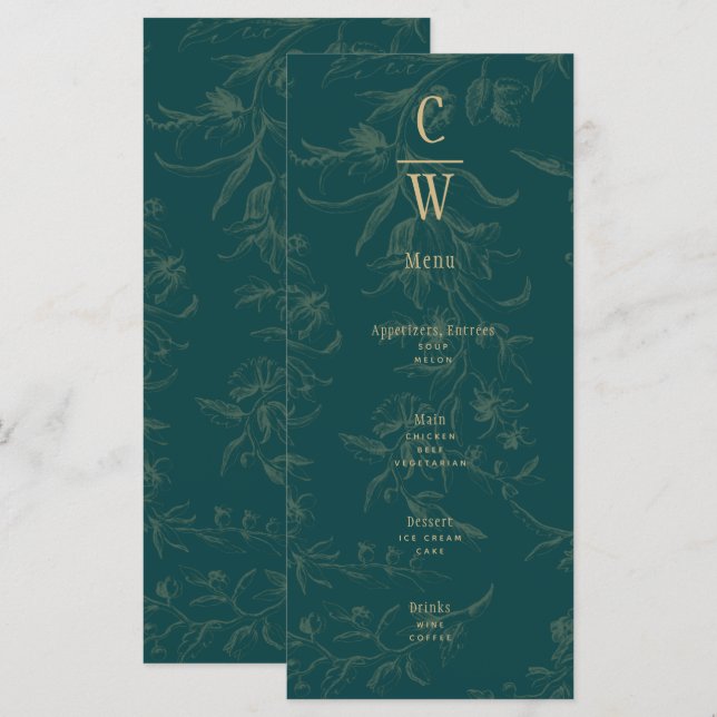 Vintage BOTANISCHE AQUAMARINE GOLD-Hochzeit Menükarte (Vorne/Hinten)