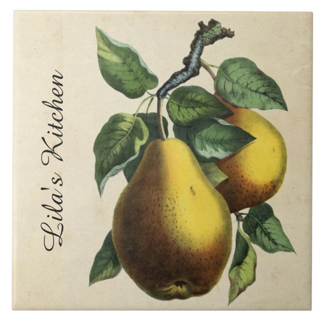 Vintage botanische Birne personalisiert Fliese (Vorderseite)